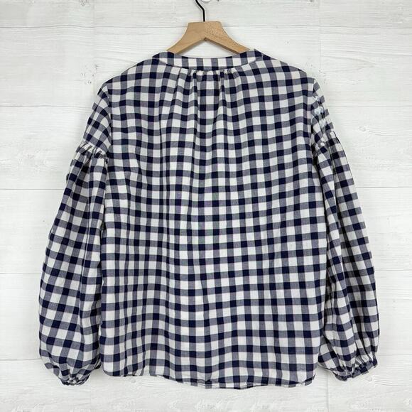 H&M Peasant Top Size 12‎ Checkered Blue Embroidered Balloon Sleeves Boho Blouse - Picture 5 of 13